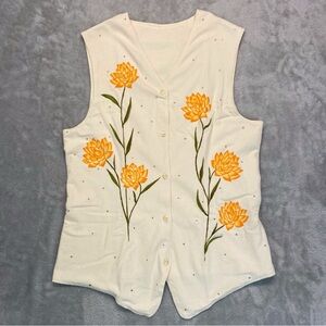 Vintage Hand Crafted Hand Painted Vest 90s in Cream Ecru Size M/L